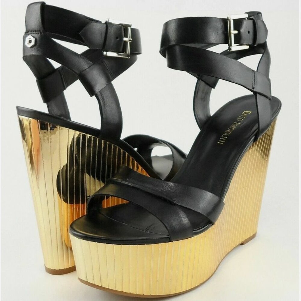 ENZO ANGIOLINI ZAMAZ Black Leather Designer Sandals Wedges